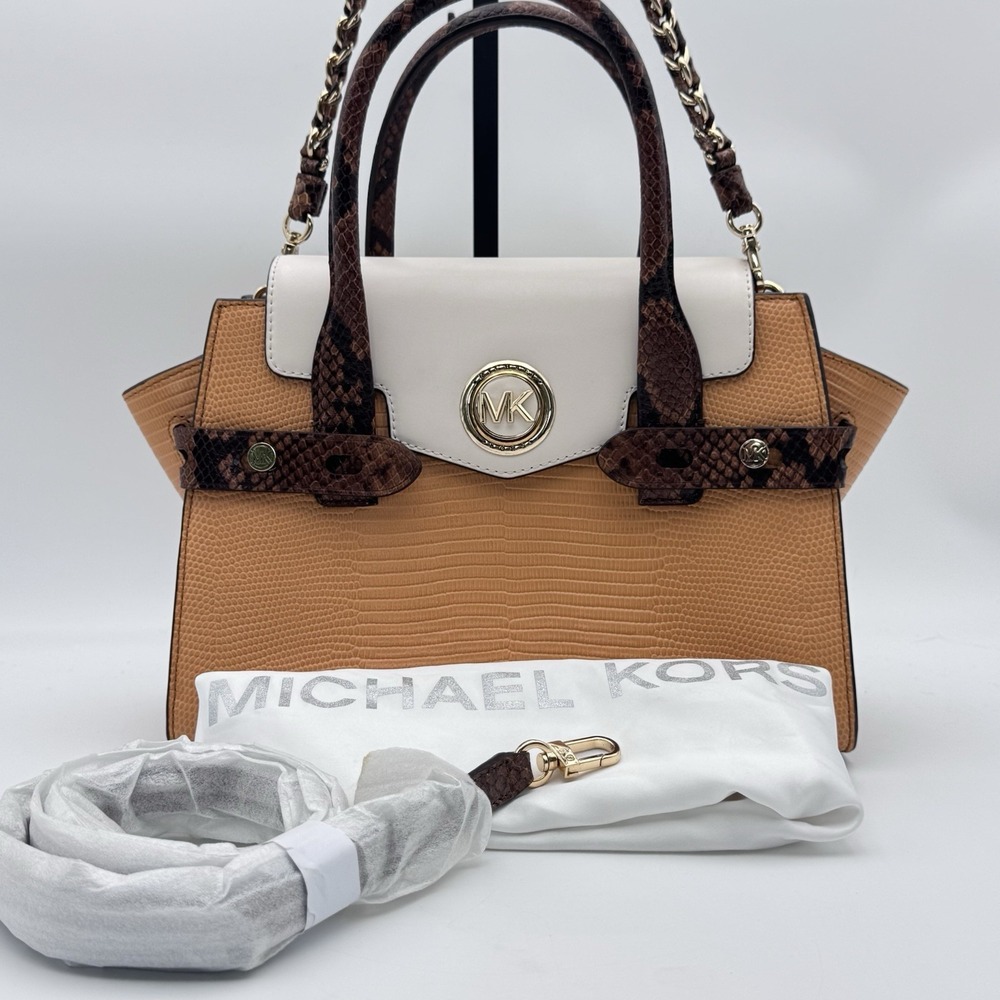 RARE NEW Michael Kors Carmen Exotic Satchel Bag Cider Multi Tan Colorblock Leath
